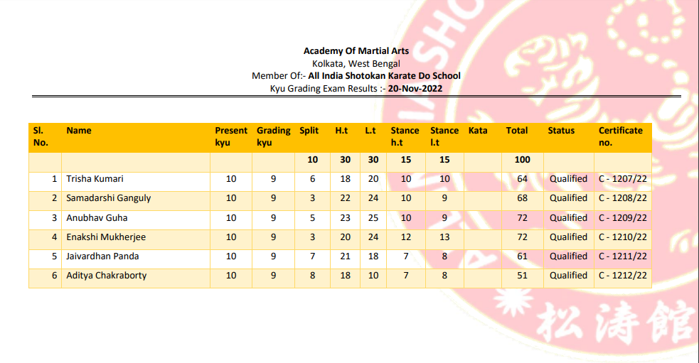 Results for the Examinations held at Academy Of Martial Arts  on 20-Nov-2022